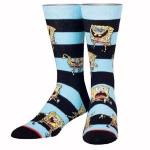 SpongeBob Crazy Face Blue/Black Stripes Crew Socks Large/XLarge - NEW Fast Ship